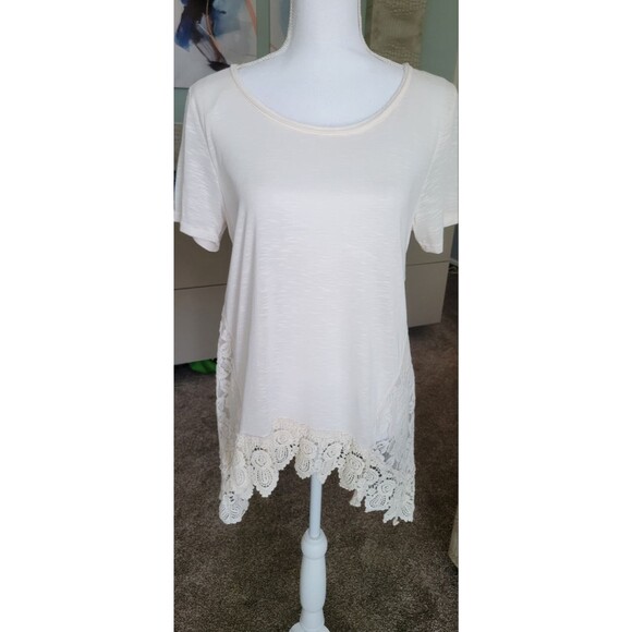 Taylor & Sage Pale Pink and Crochet Lace Short Sleeve Shirt Sz L - Picture 1 of 4